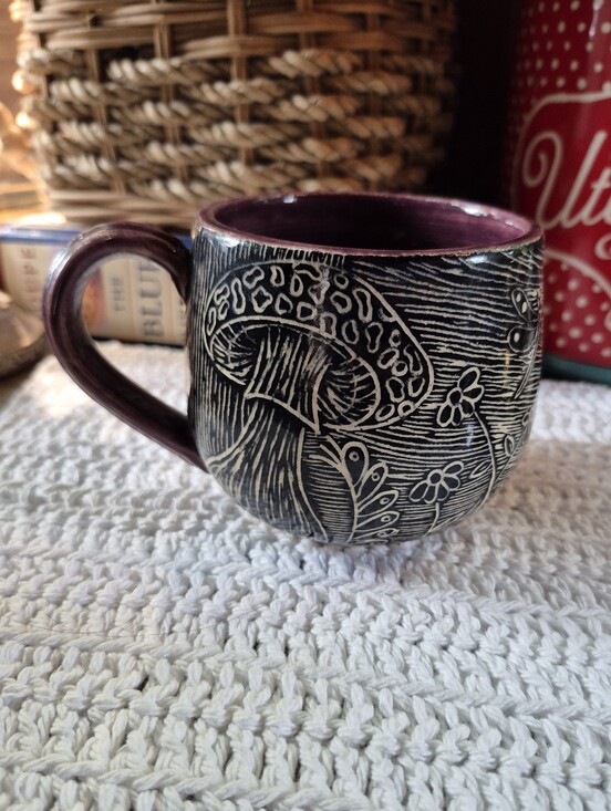 Sgraffito Other - New Sgraffito Mushroom Floral Design   Plum-Purple Glazed Handcrafted Signed Mug